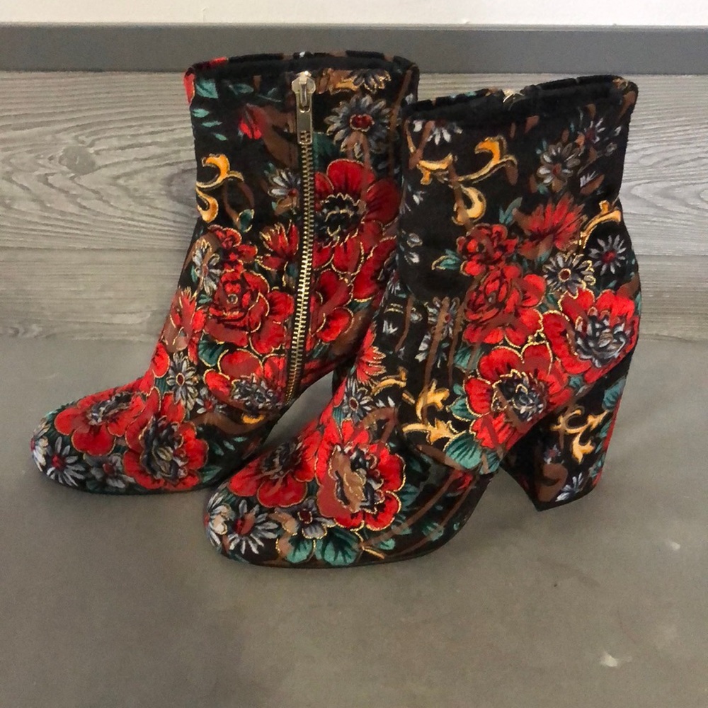 Steve Madden Floral Embroidered Ankle Boots - Red and Black